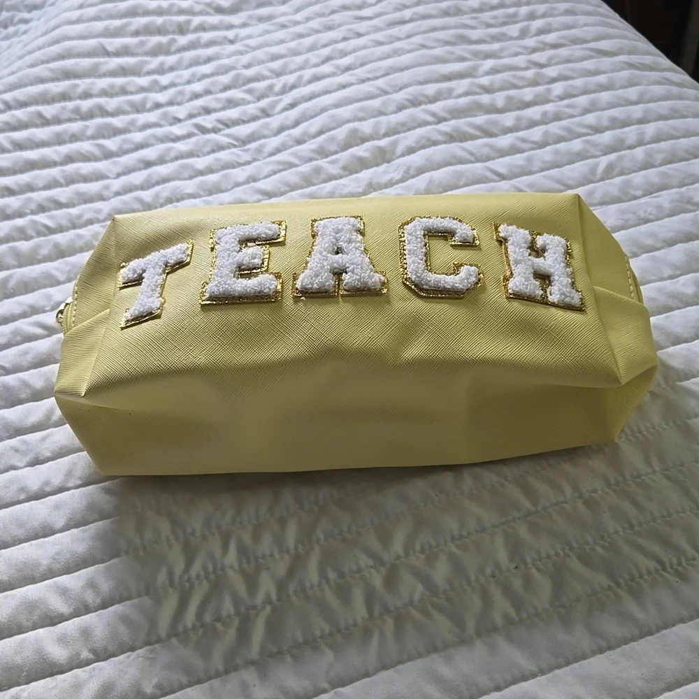 TEACH pouch with zipper chenille letters NWOT MATERIAL easy wipe off pale yellow